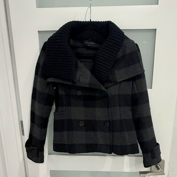 Theory Jackets & Blazers - Theory Wool Plaid Peacoat – Detachable Knit Shawl Collar – Size S